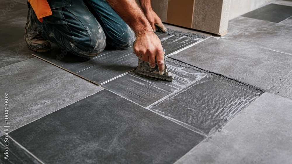 Tiler Laying Ceramic Tiles in Modern Bathroom Tiler Laying Ceramic Tiles in Modern Bathroom