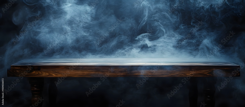 A dark background enhances the visual appeal of an empty wooden table with smoke rising creating an atmospheric and artistic copy space image A dark background enhances the visual appeal of an empty wooden table with smoke rising creating an atmospheric and artistic copy space image