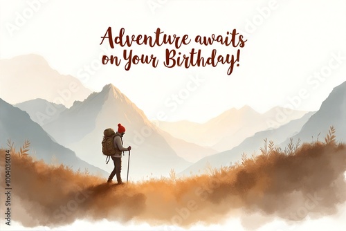 Watercolor Birthday Card with Mountain Hiker, inscription Adventure awaits on Your Birthday!