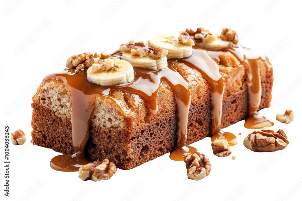 Sliced banana cake topped with caramel drizzle and nuts ,Isolated on transparent background Sliced banana cake topped with caramel drizzle and nuts ,Isolated on transparent background