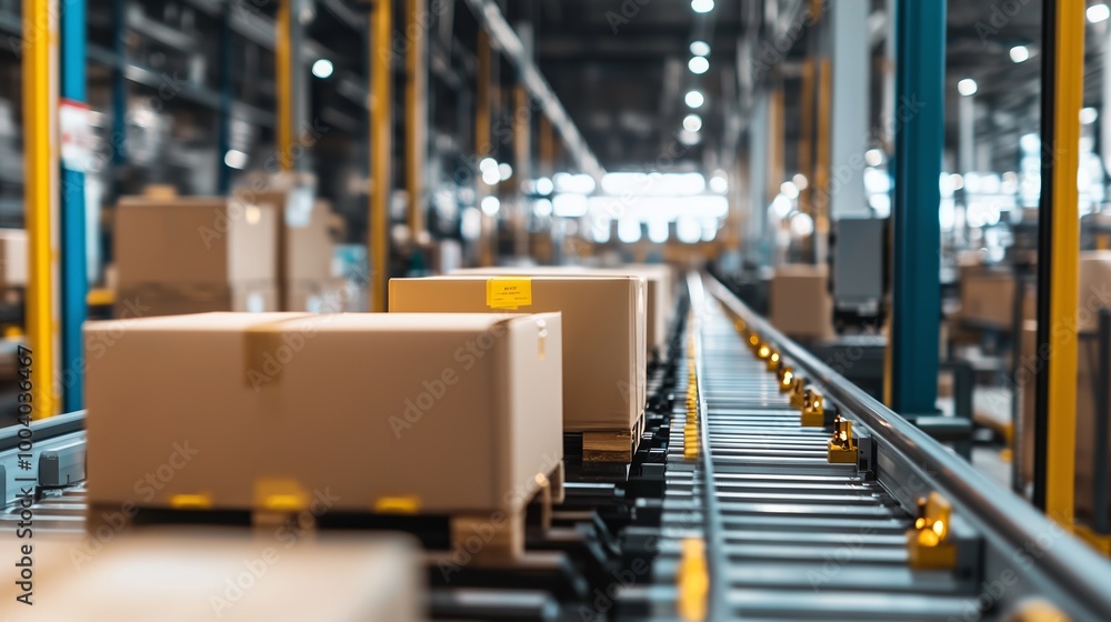Packages moving along a conveyor belt in a busy warehouse during daylight hours showcasing supply chain operations Packages moving along a conveyor belt in a busy warehouse during daylight hours showcasing supply chain operations