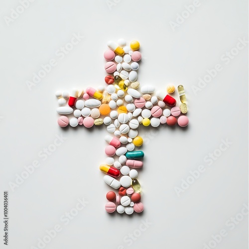 Medical assistance. Various pills are laid out in the shape of a cross on a white background. health and medicine. crossword photo