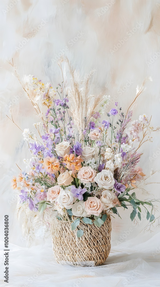 Obraz premium A beautiful painting of wildflowers in pastel colors, arranged artistically inside an elegant white wicker basket