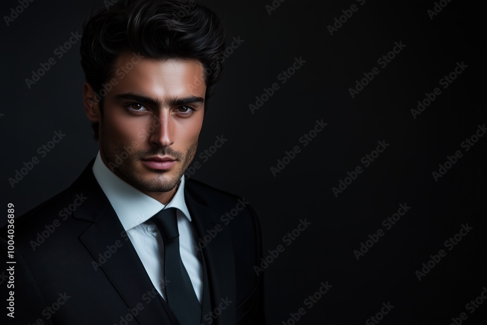 Elegant portrait of a fashionable Italian man dressed in formal attire against a dark background Elegant portrait of a fashionable Italian man dressed in formal attire against a dark background