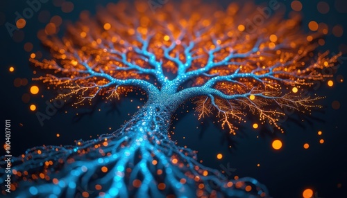 Un arbre lumineux aux branches éclatantes de bleu et orange se dessine dans une abstraction vibrante, chaque couleur s'entrelace en une danse graphique captivante.