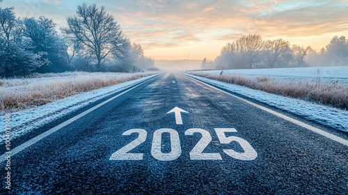 A wintry road stretches forward, marked with 2025, framed by frost-covered trees under a colorful sunrise, symbolizing a new beginning and journey.