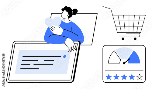 Person holding heart shape with shopping cart, tablet, and rating gauge showing review stars. Ideal for e-commerce, online reviews, customer satisfaction, digital marketing, user experience. Simple