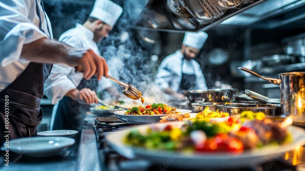 Fototapeta premium A chef is cooking food in a kitchen with other chefs