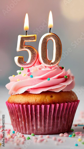 Birthday cupcake with burning lit candle with number 50. Number fifty for fifty years or fiftieth anniversary.