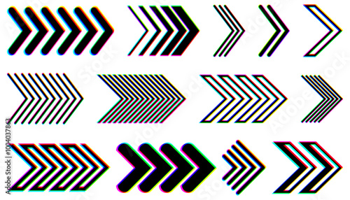 Collection of vibrant glitch-effect arrows with bold distortions. Vector illustration suitable for tech and creative designs.