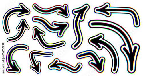 A collection of various black hand-drawn arrows with a colorful glitch effect. The arrows vary in size and direction, adding a dynamic, artistic touch to digital projects and designs.