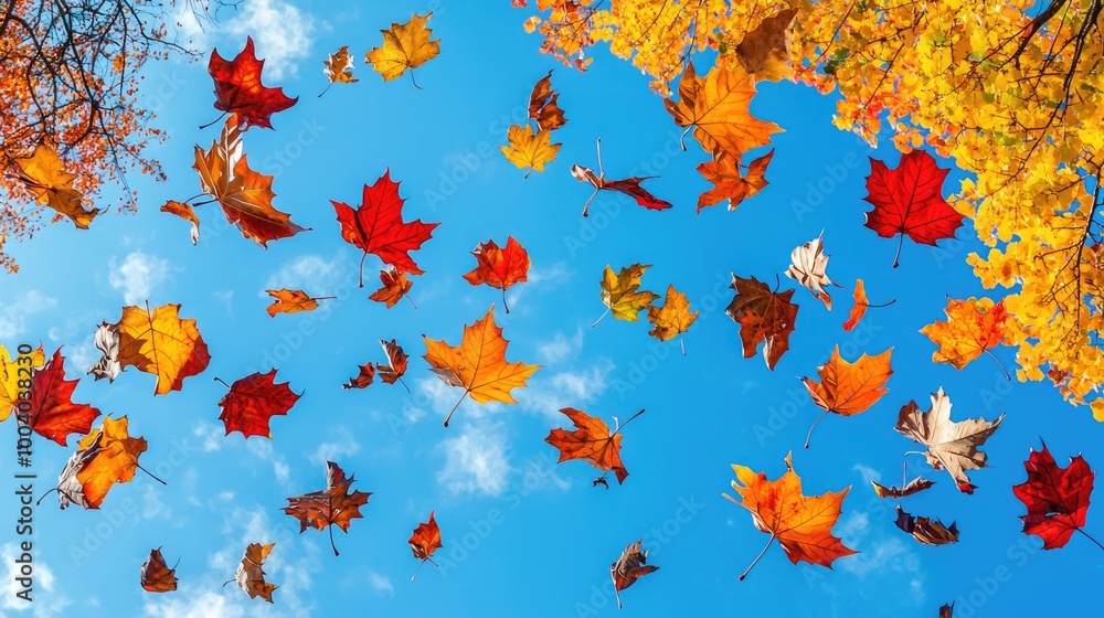 Vibrant Autumn Foliage Cascading Against Blue Sky - Seasonal Beauty in Nature