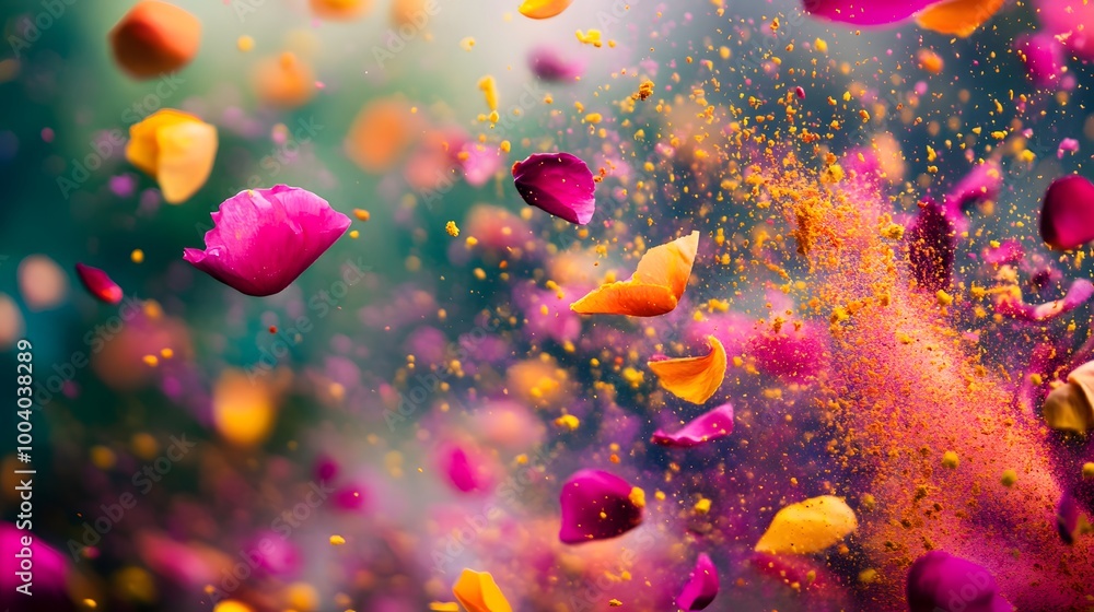 A vibrant depiction of Holi festival with colorful flower powders and petals A vibrant depiction of Holi festival with colorful flower powders and petals