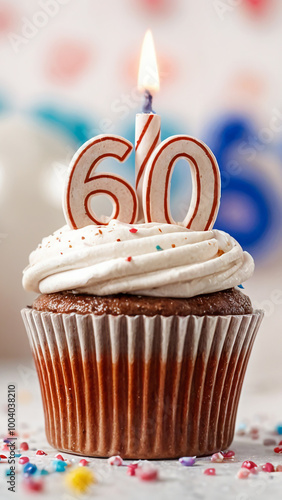 Birthday cupcake with burning lit candle with number 60. Number sixty for sixty years or sixtieth anniversary.