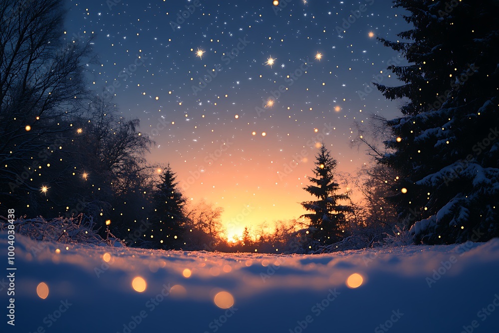 Snowy winter forest landscape at sunset with bokeh lights Snowy winter forest landscape at sunset with bokeh lights
