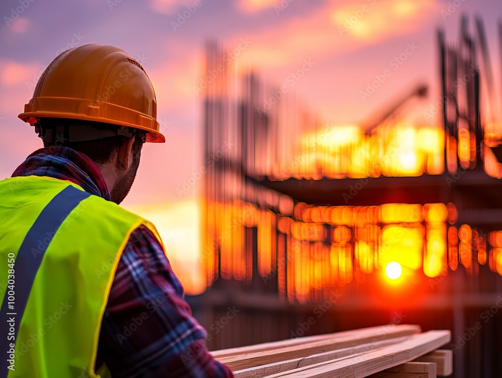 A construction worker wearing a hard hat and reflective vest observes a stunning sunset at a building site. A construction worker wearing a hard hat and reflective vest observes a stunning sunset at a building site.