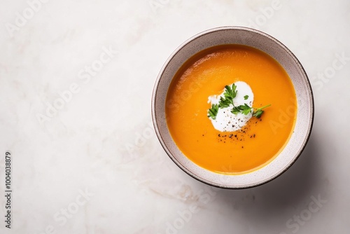 A smooth, vibrant pumpkin soup is elegantly presented in a minimalist bowl