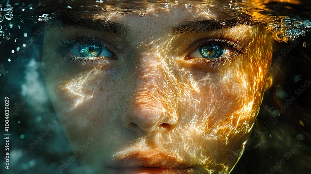 Close-up Underwater Portrait: Woman's Face with Sunlight Reflection Close-up Underwater Portrait: Woman's Face with Sunlight Reflection
