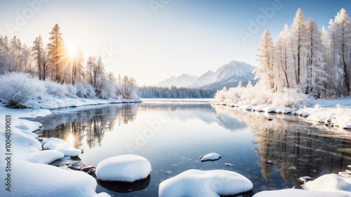 A winter landscape featuring a lake surrounded by snow-covered mountains and trees