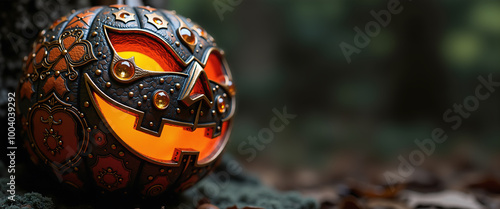 A close-up of a fantasy-themed jack-o'-lantern with intricate metallic ornamentation. Its design combines elements of both Halloween and steampunk, creating a unique blend of fantasy and eerie charm.