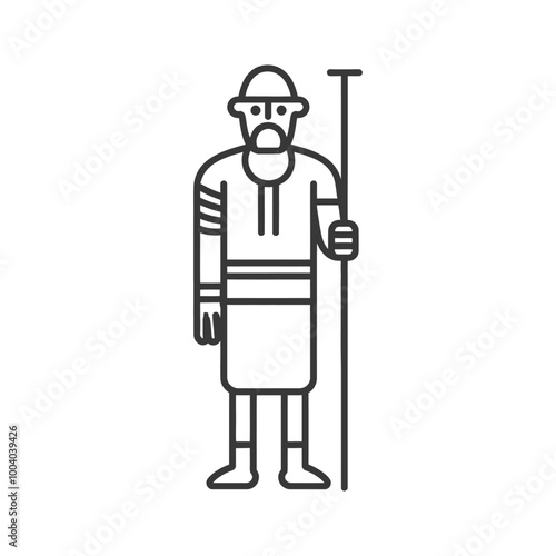 Line drawing of a bearded man in a tunic holding a staff
