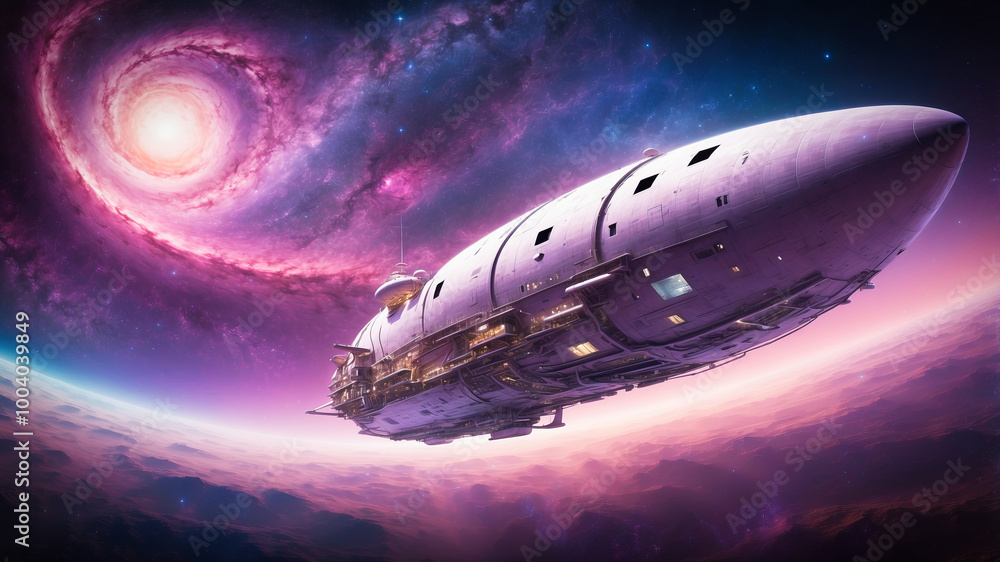 A spaceship surrounded by swirling galaxies and shimmering stars A spaceship surrounded by swirling galaxies and shimmering stars