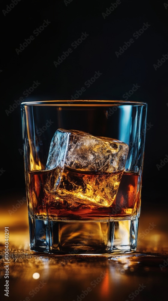 Glass of whiskey with ice cube on Glass of whiskey with ice cube on