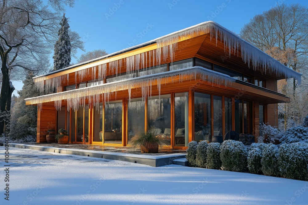 A modern wooden house with large glass windows, covered in snow and icicles on a sunny winter day A modern wooden house with large glass windows, covered in snow and icicles on a sunny winter day