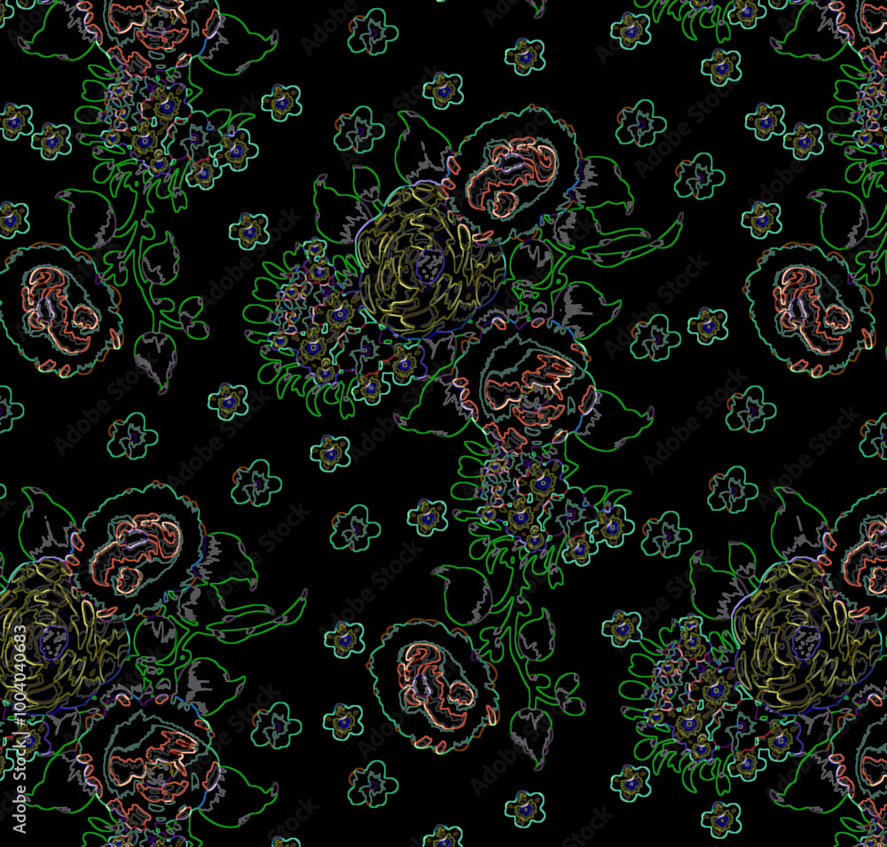Naklejka premium seamless gentle vector paisley print with ethnic paisley and flowers pattern, allover composition. Detailed beautiful paisleys with floral motives in black and white.