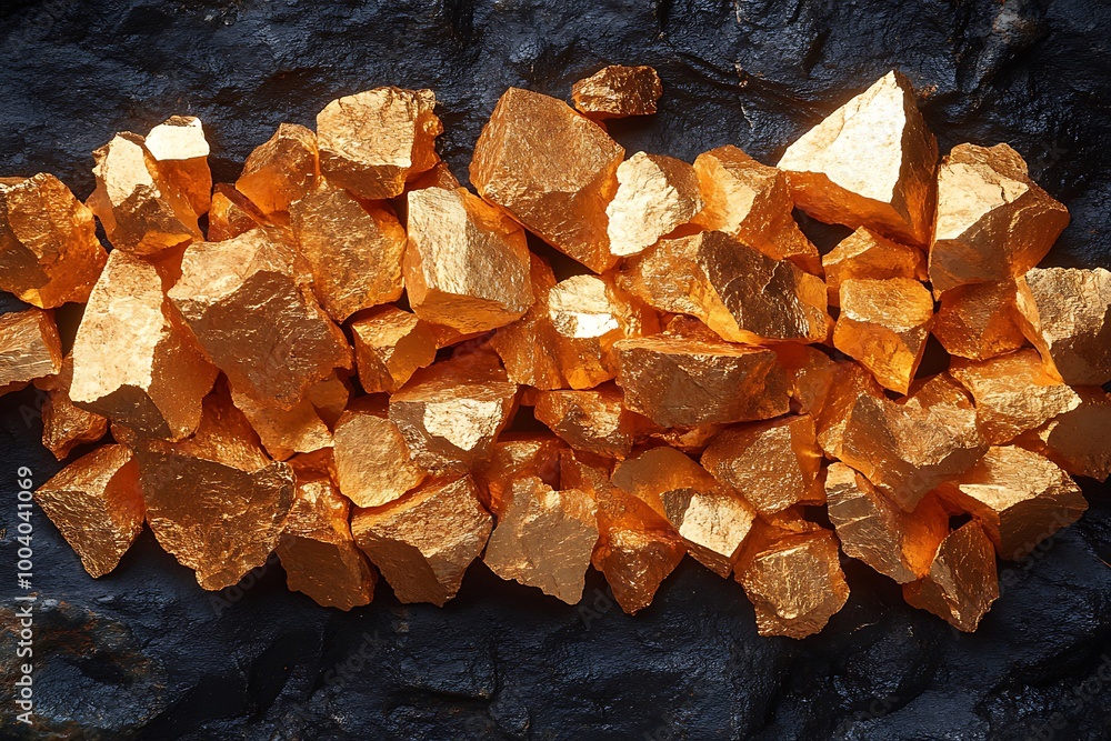 Golden nuggets on a dark rock background Golden nuggets on a dark rock background