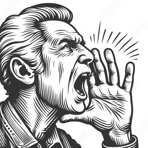 Elderly man shouting with his hand near his mouth, drawn in an engraving style sketch engraving generative ai fictional character vector illustration. Scratch board imitation. Black and white image.