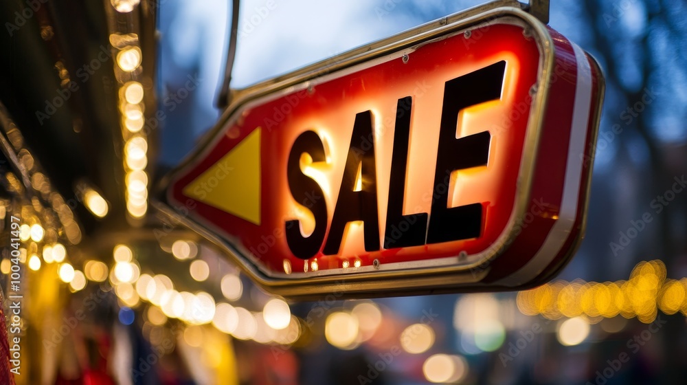 A glowing sale sign with bright lights, enticing shoppers during a festive evening shopping spree. Black Friday sale concept with empty place for text A glowing sale sign with bright lights, enticing shoppers during a festive evening shopping spree. Black Friday sale concept with empty place for text