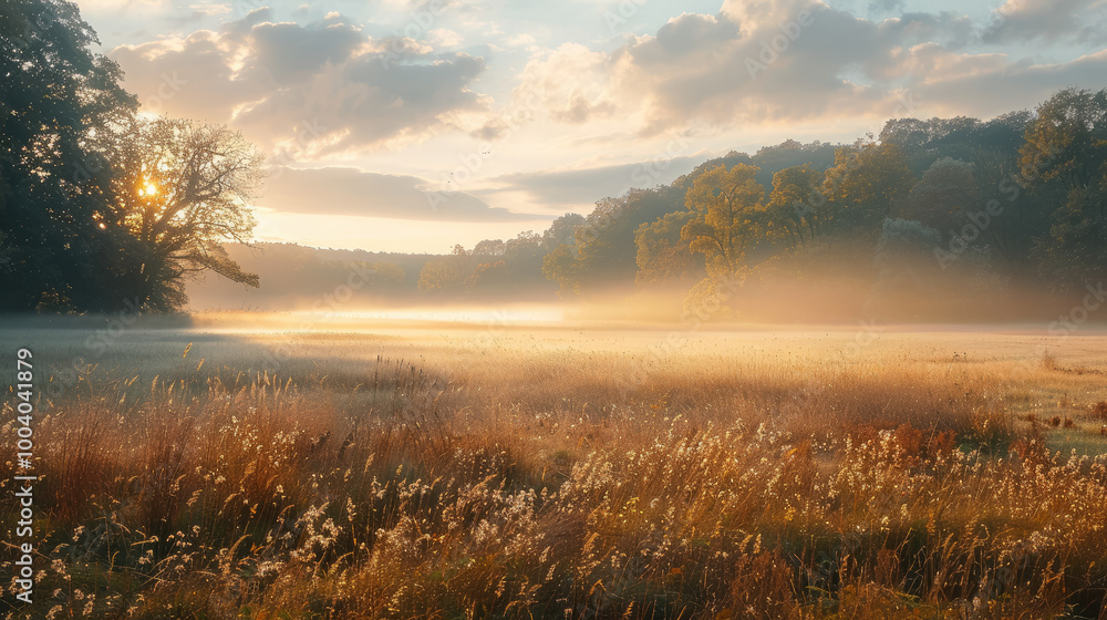 Fototapeta premium autumn field, soft golden light, nature, fall, trees, countryside, landscape, seasonal background, wallpaper, season, harvest, yellow grass, foliage, leaves, sky, sunset