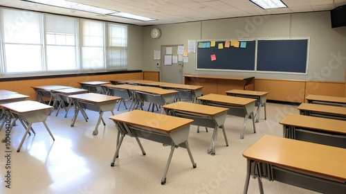 Traditional classroom with a teacher desk and neatly arranged student desks, leaving space for copy.