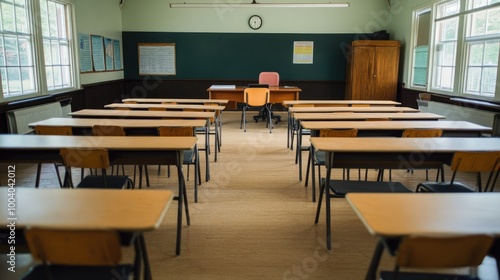 Traditional classroom with a teacher desk and neatly arranged student desks  leaving space for copy.