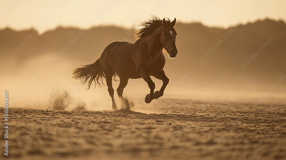 A wild stallion galloping across a sandy beach A wild stallion galloping across a sandy beach