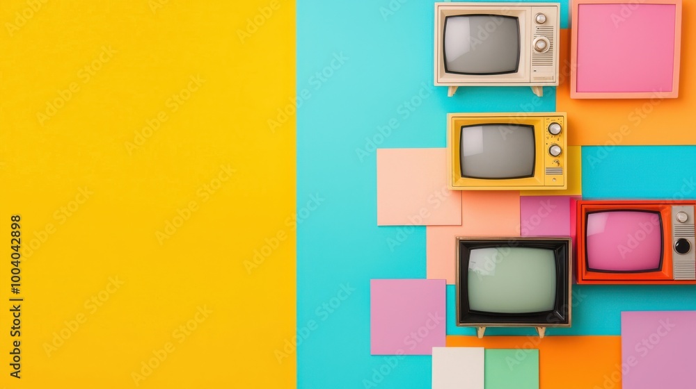 Colorful retro TVs arranged on a vibrant background with geometric shapes. Colorful retro TVs arranged on a vibrant background with geometric shapes.