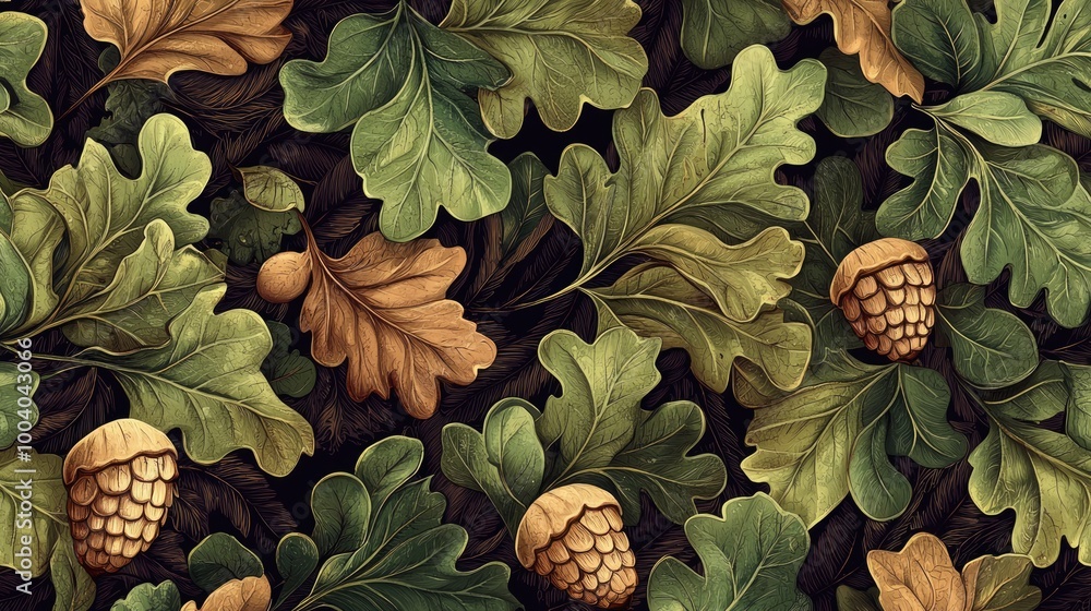 Fototapeta premium Hand-drawn oak leaves and acorns pattern in earthy brown and green tones Detailed botanical illustration with a repeating nature theme