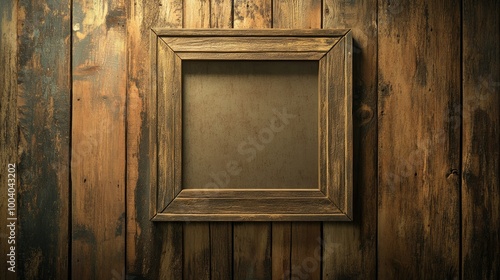 An empty square frame on a wooden panel wall  framed by ample copy space for a message or creative layout.