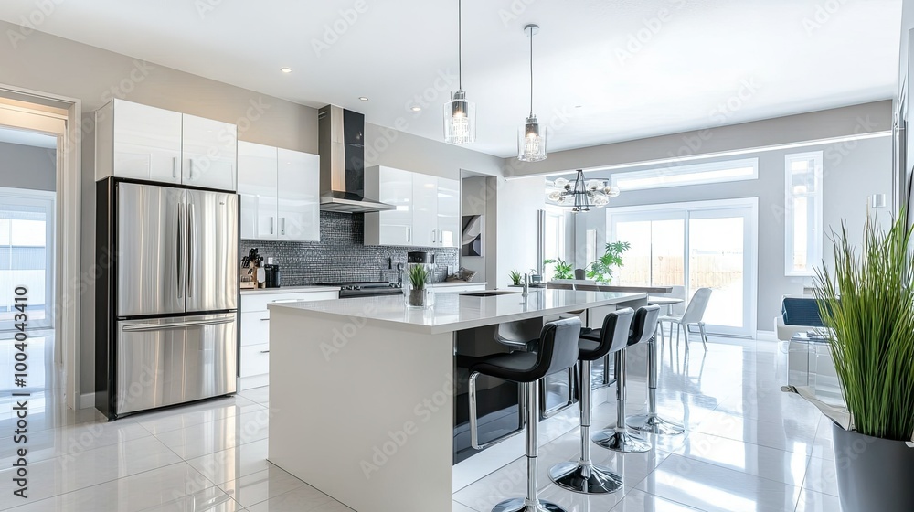 Clean, open-plan modern kitchen with sleek appliances and neutral decor, leaving room for text. Clean, open-plan modern kitchen with sleek appliances and neutral decor, leaving room for text.