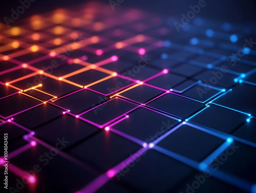 Futuristic neon grid with glowing lines on a dark background.