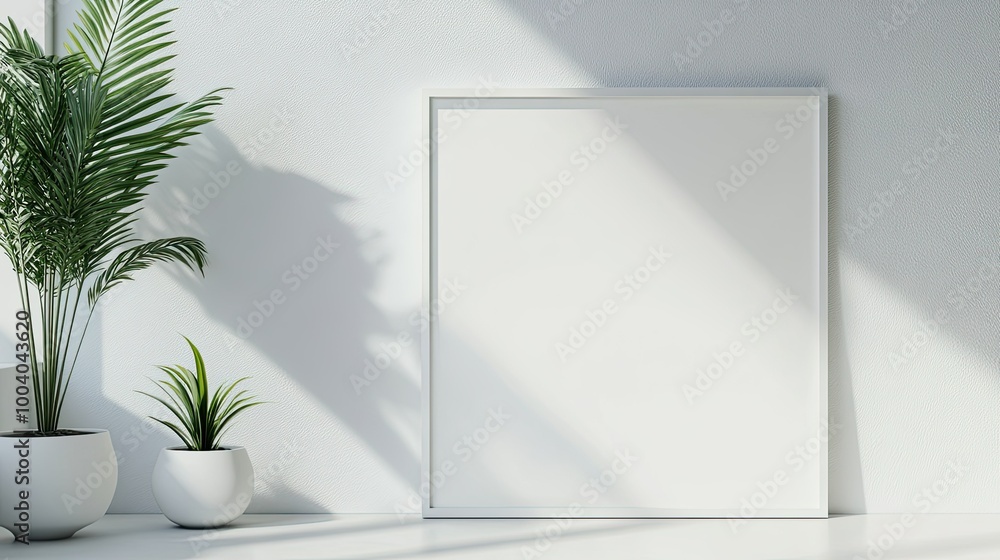 Close-up of a sleek square frame in a modern room, surrounded by clean white wall and copy space. Close-up of a sleek square frame in a modern room, surrounded by clean white wall and copy space.