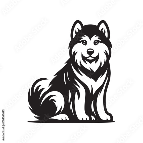 Alaskan Malamute Dog Sitting Vector illustration black and white
