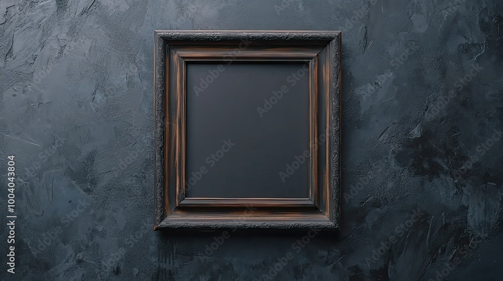 Close-up of an empty square frame on a dark gray wall with abundant copy space for customization. Close-up of an empty square frame on a dark gray wall with abundant copy space for customization.