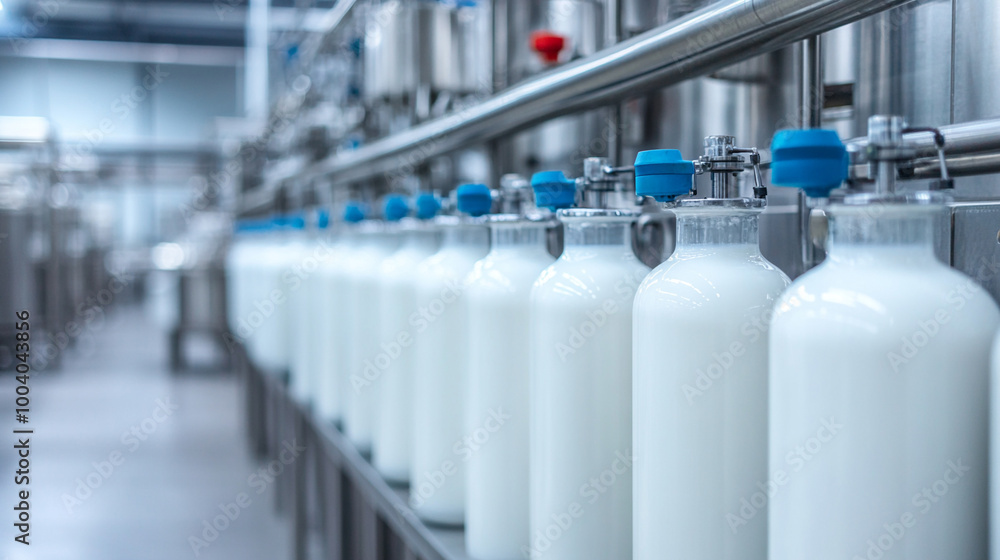 Milk bottles in a factory setting, shining under industrial lighting. Milk bottles in a factory setting, shining under industrial lighting.