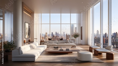 Contemporary living room with sleek furniture and large windows  leaving ample space for copy.