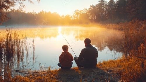 Two people fishing by a tranquil lake during a colorful sunset.