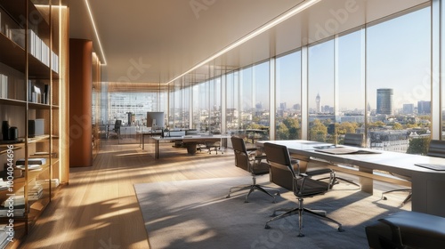 Contemporary office space with glass walls and sleek furniture  leaving ample room for text.