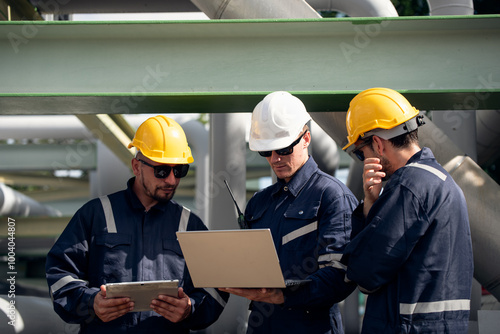 Refinery industry, engineer working on computer laptop at oil and gas refinery plant industry factory