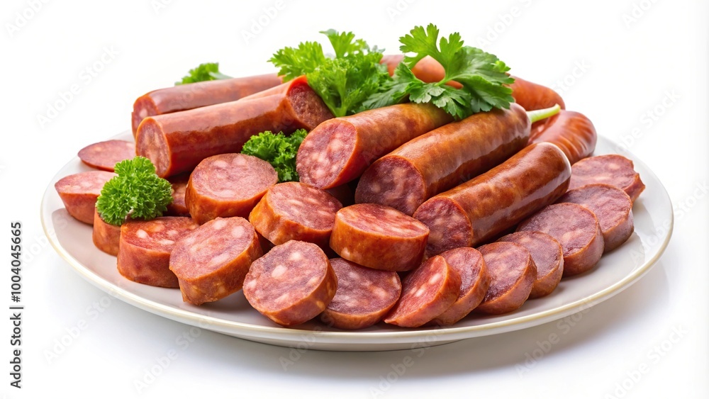 Wide-angle plate with slices of sausage and smoked fish isolated Wide-angle plate with slices of sausage and smoked fish isolated